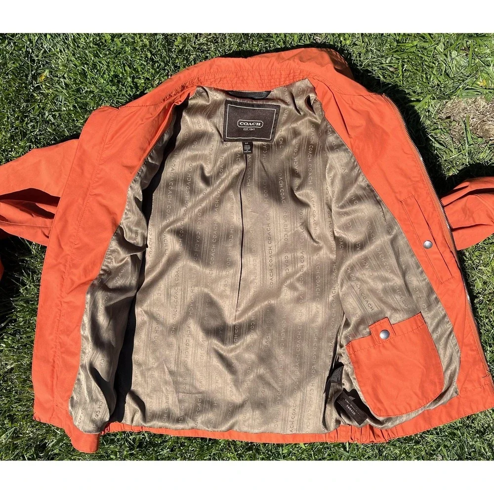 Coach Jacket Womens Small Orange Cotton Blend Full Zip Lined Lightweight Pockets